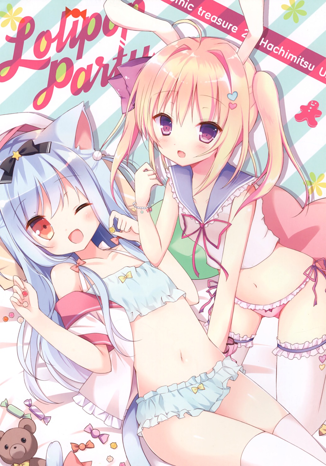 animal_ears, bunny_ears, hoshi, kiyui, lingerie, nekomimi, open_shirt, pantsu, seifuku, string_panties, tail, thighhighs