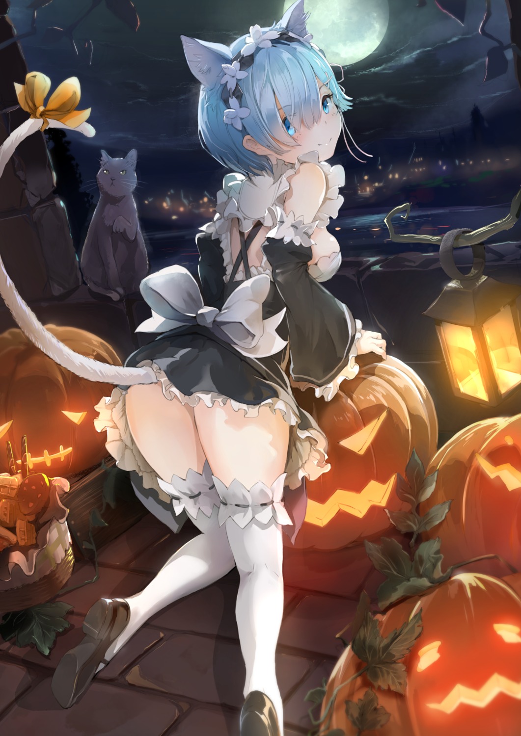 animal_ears, aqua_sau, halloween, heels, maid, neko, nekomimi, re:zero_kara_hajimeru_isekai_seikatsu, rem_(re_zero), skirt_lift, tail, thighhighs