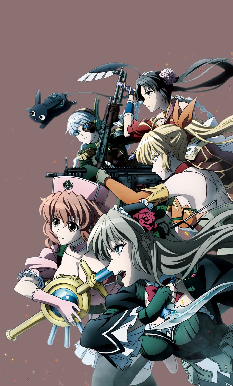 cleavage, gun, japanese_clothes, lau_pei_pei, mahou_shoujo_tokushusen_asuka, mia_cyrus, mugen_kurumi, nurse, ootorii_asuka, tagme, tamara_volkova, thighhighs, weapon