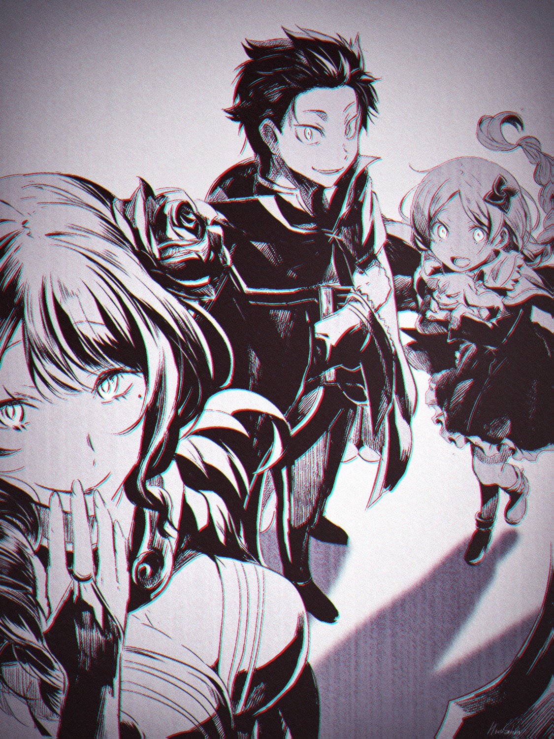 cleavage, dress, elsa_granhiert, harusabin, monochrome, natsuki_subaru, re:zero_kara_hajimeru_isekai_seikatsu