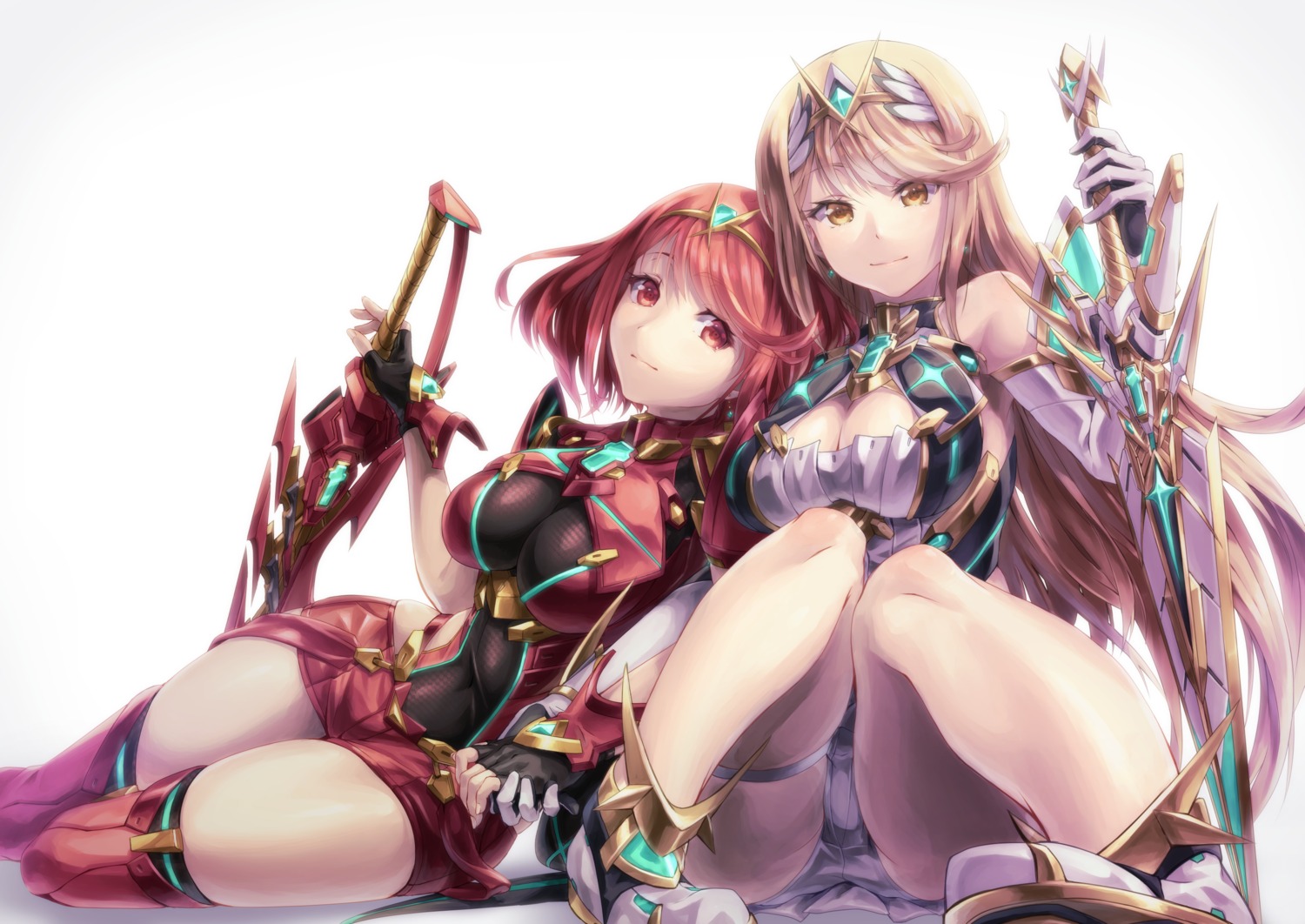 armor, bodysuit, cleavage, garter, heels, hikari_(xenoblade_2), homura_(xenoblade_2), sword, thighhighs, xenoblade_(series), xenoblade_2, yoshiomi