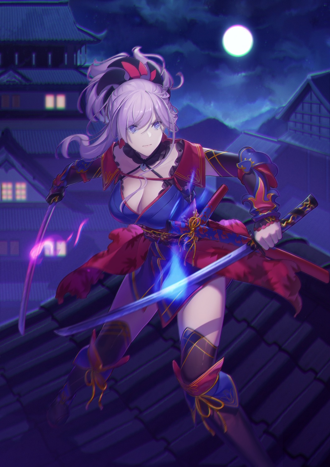 cleavage, fate/grand_order, japanese_clothes, miyamoto_musashi_(fate), qiongsheng, sword, thighhighs