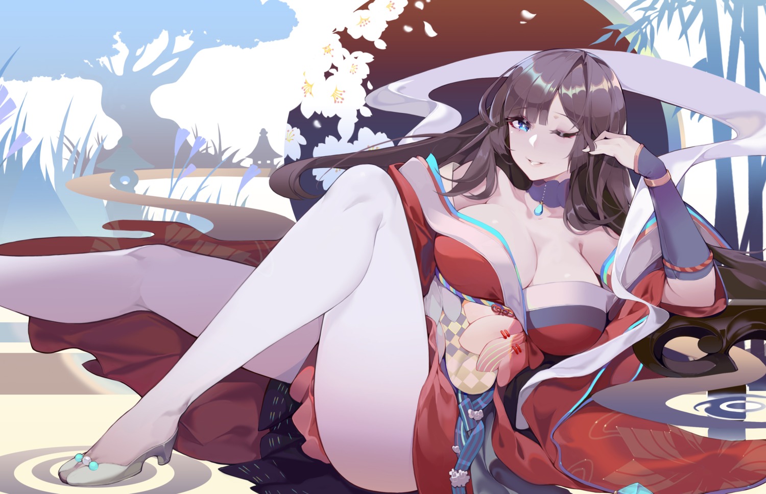 calder, heels, japanese_clothes, open_shirt