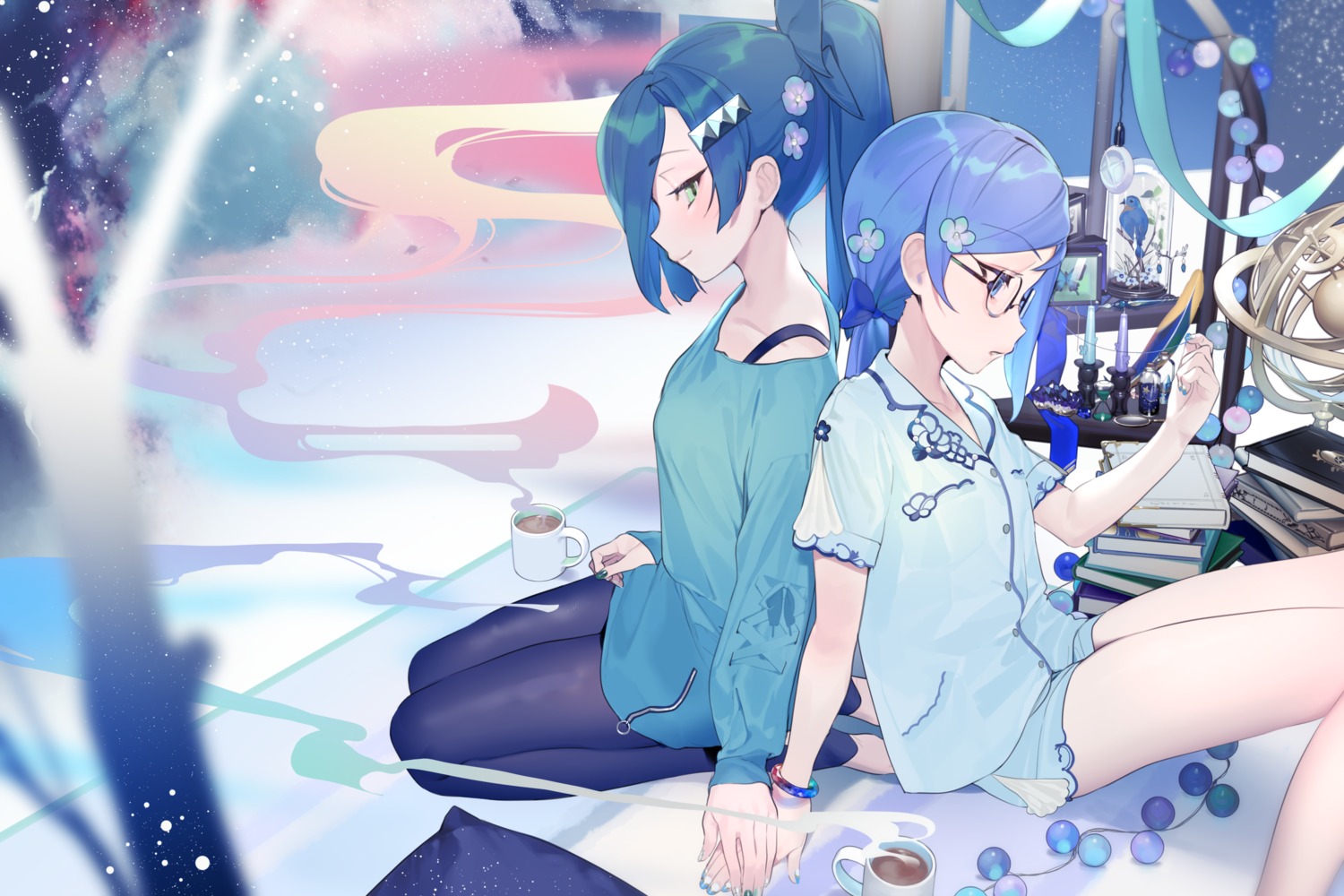 jay_(shining_star), megane, ohisashiburi, pajama, pantyhose, shining_star_(anime), yuri