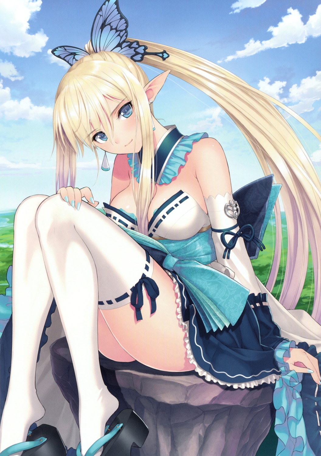 cleavage, elf, kirika_towa_alma, lolita_fashion, no_bra, pointy_ears, shining_resonance, thighhighs, tony_taka, wa_lolita