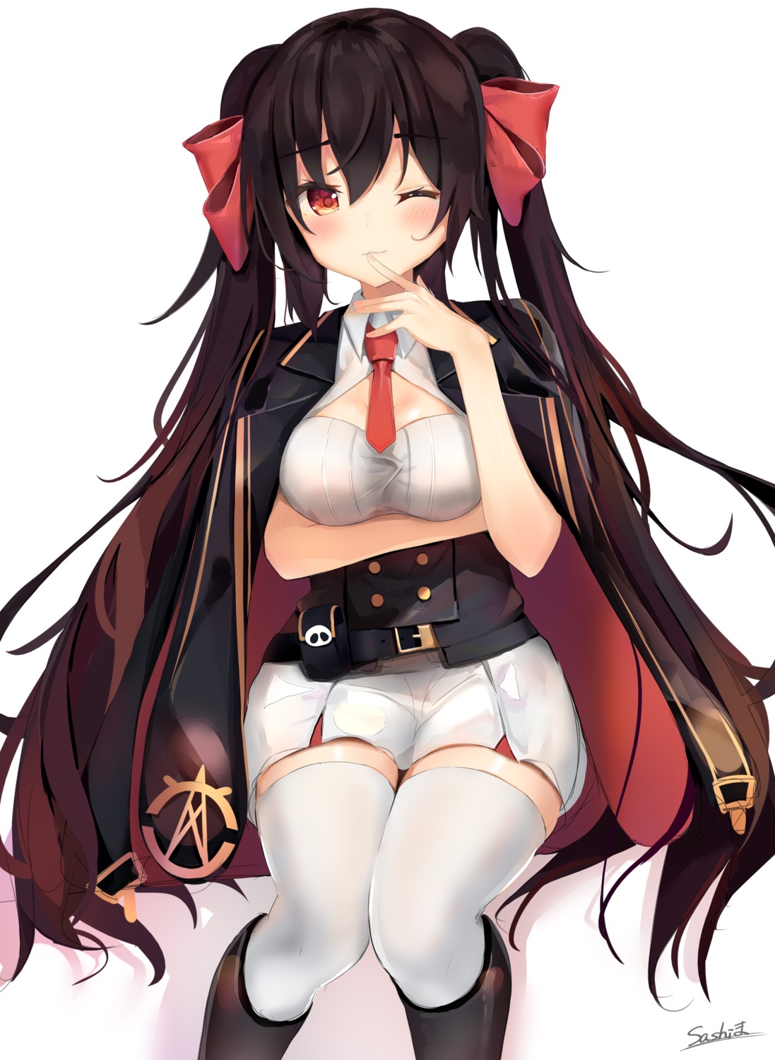 breast_hold, girls_frontline, qbz-97_(girls_frontline), sashima, thighhighs