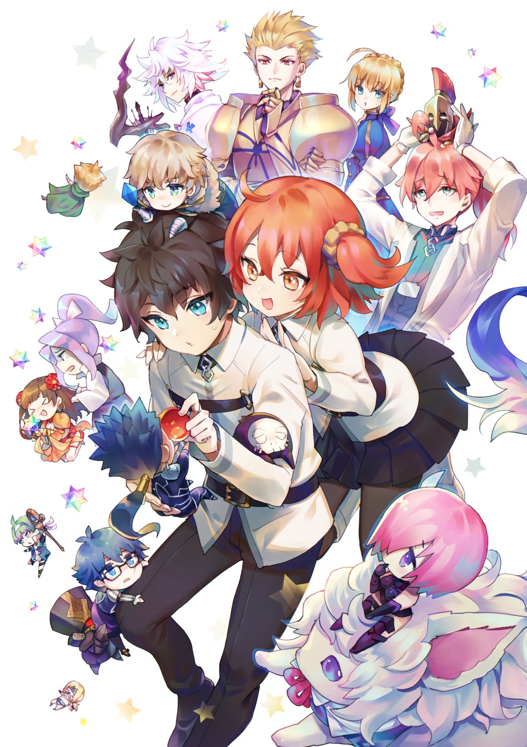 armor, artoria_pendragon_(fate), cath_palug_(fate), charles_babbage_(fate/grand_order), chibi, cu_chulainn_(fate), david_(fate/apocrypha), fate/grand_order