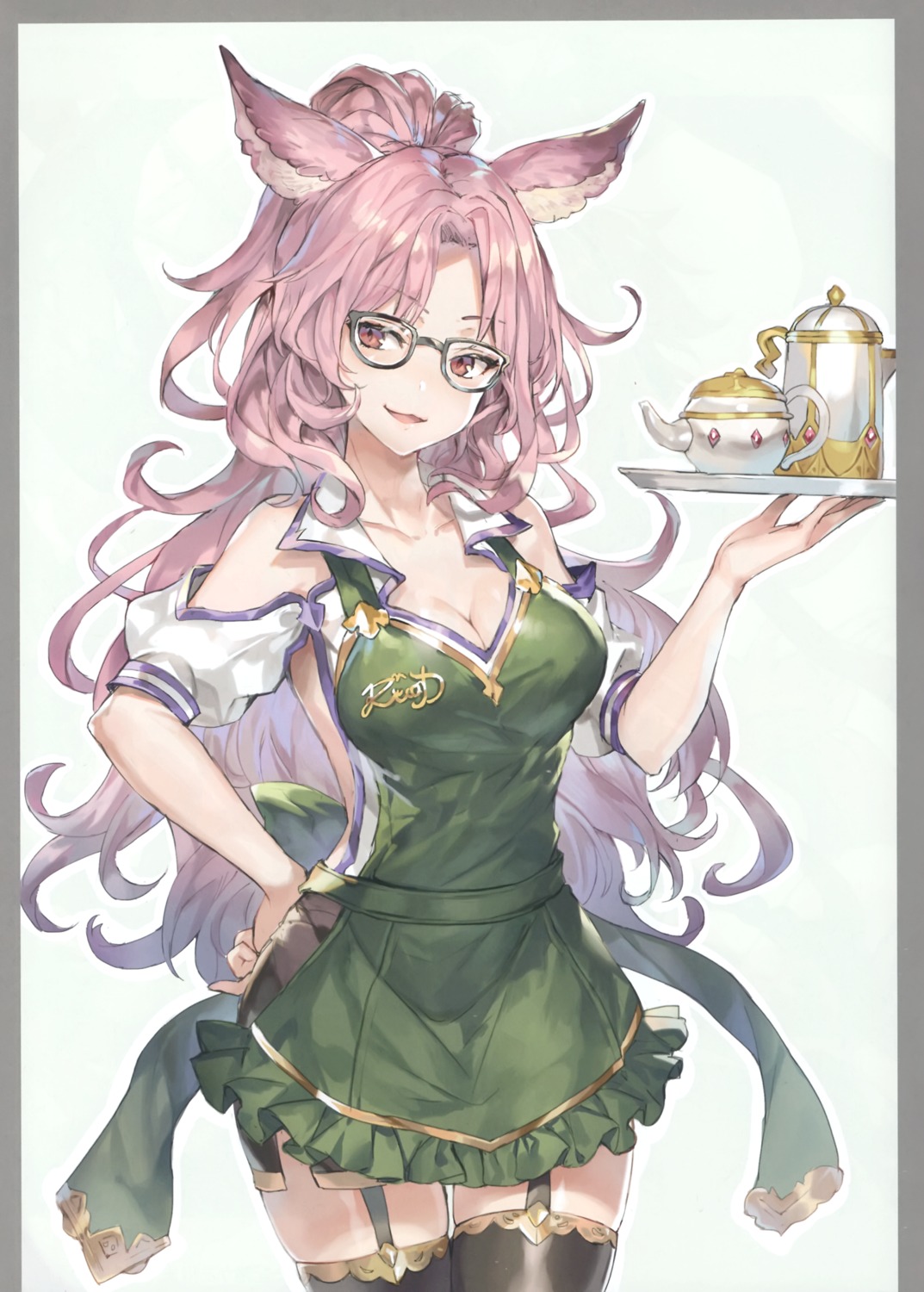 animal_ears, catherine_(granblue_fantasy), cleavage, granblue_fantasy, megane, momoko_(momopoco), sashimi_necoya, stockings, thighhighs, waitress