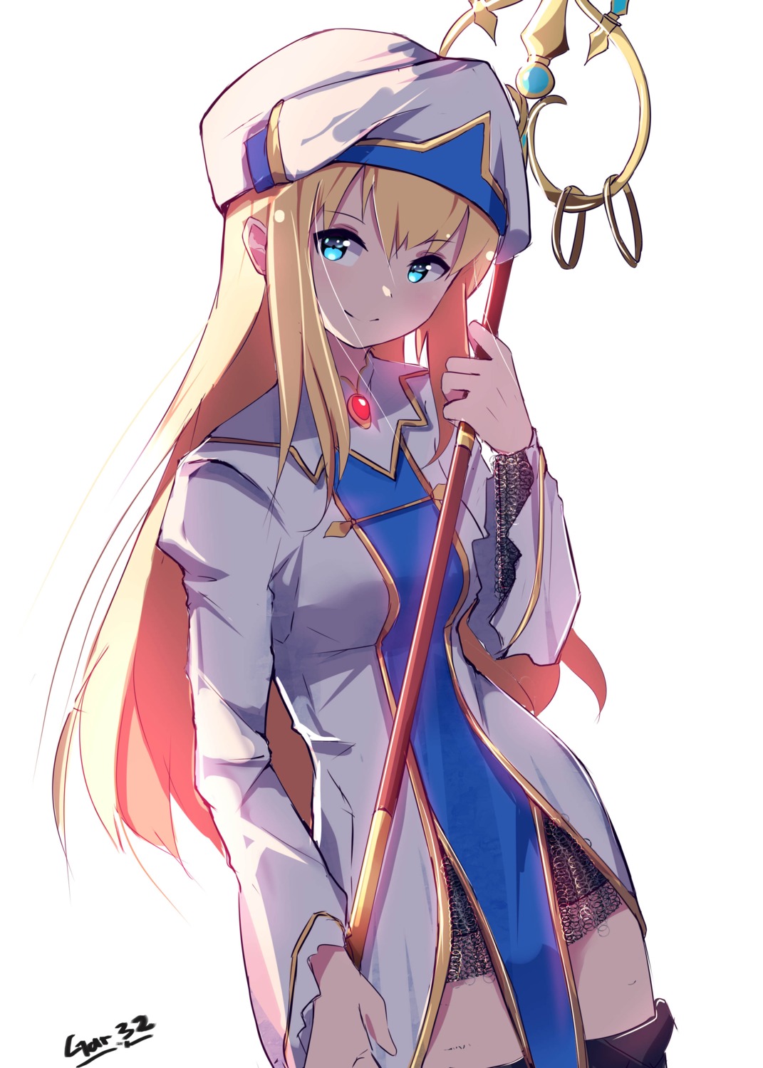 gar32, goblin_slayer, priestess, thighhighs, weapon