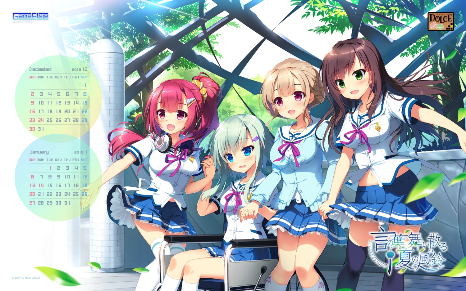 calendar, game-style, headphones, hinata_momo, hyakka_kanade, kotonoha_maichiru_natsu_no_koe, manuka_kotoha, nobara_yuu