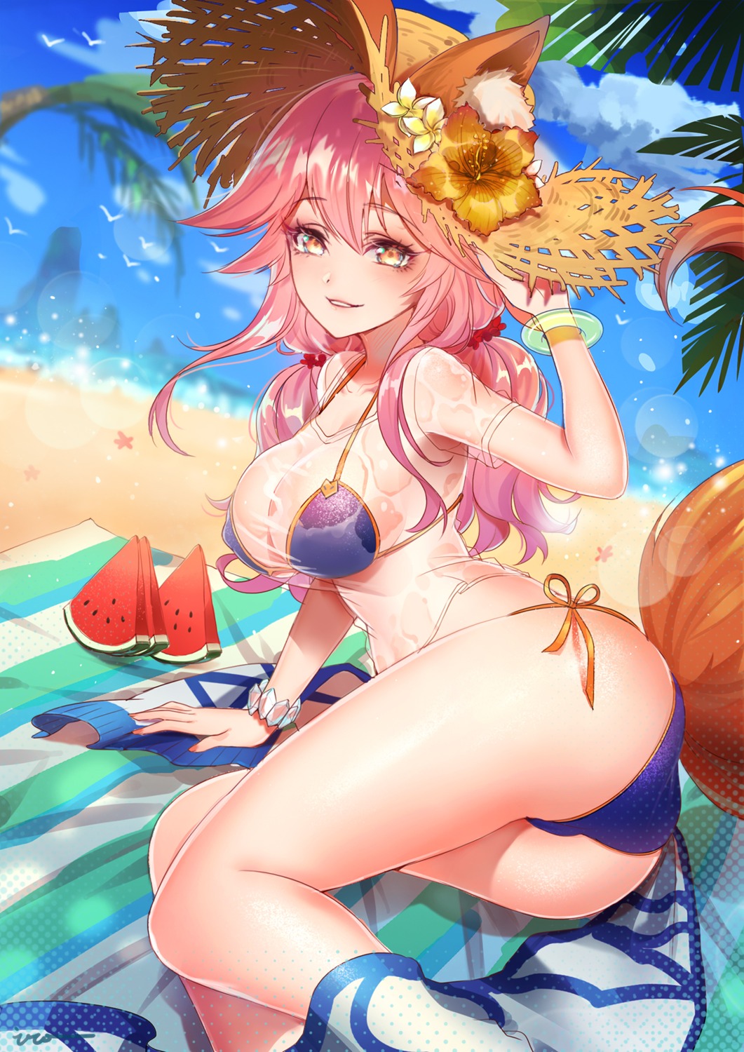 animal_ears, ass, bikini, fate/grand_order, sai_ichirou, see_through, swimsuits, tail, tamamo_no_mae, wet_clothes