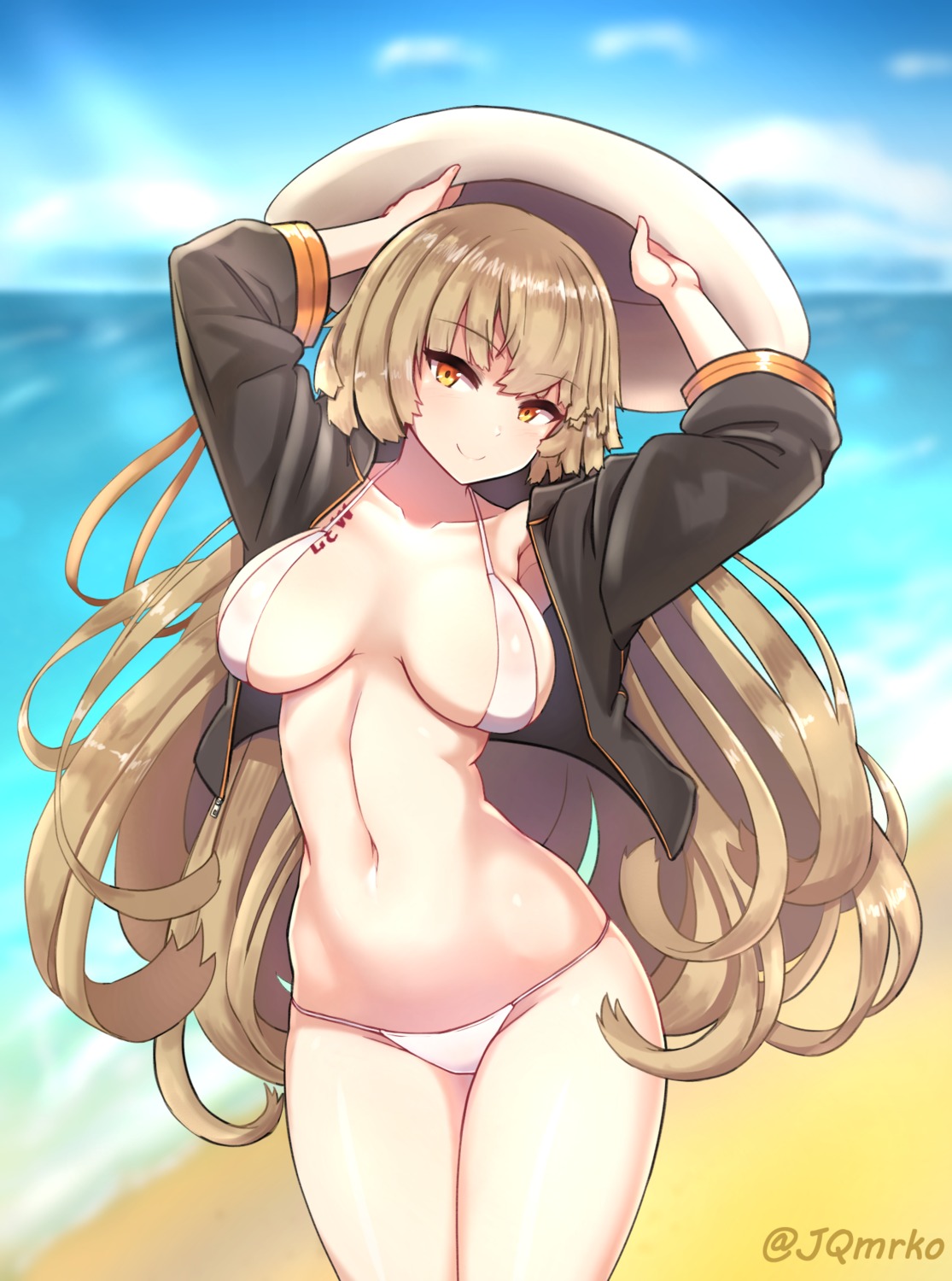 bikini, girls_frontline, ithaca_m37_(girls_frontline), manme, open_shirt, swimsuits, tattoo, watermark