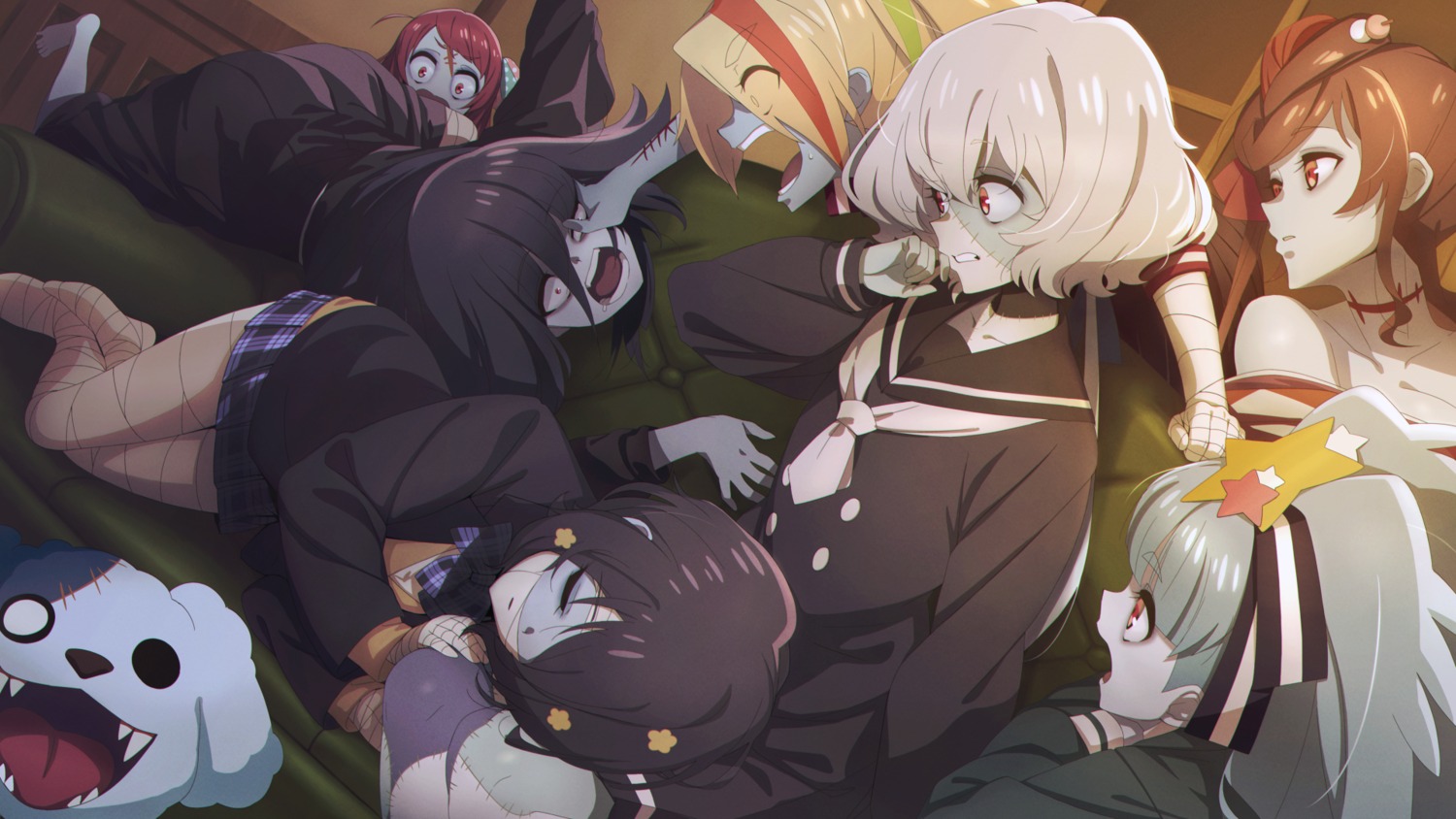 bandages, hoshikawa_lily, kiki_(uxoia), konno_junko, minamoto_sakura, mizuno_ai, nikaido_saki, seifuku, trap, wallpaper, yamada_tae, yuugiri_(zombieland_saga), zombieland_saga