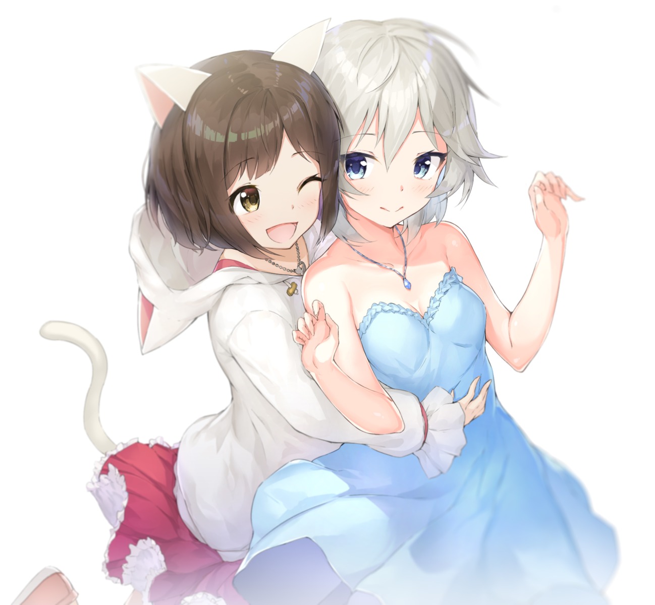 anastasia_(idolm@ster), animal_ears, cleavage, dress, maekawa_miku, nekomimi, rekareka, tail