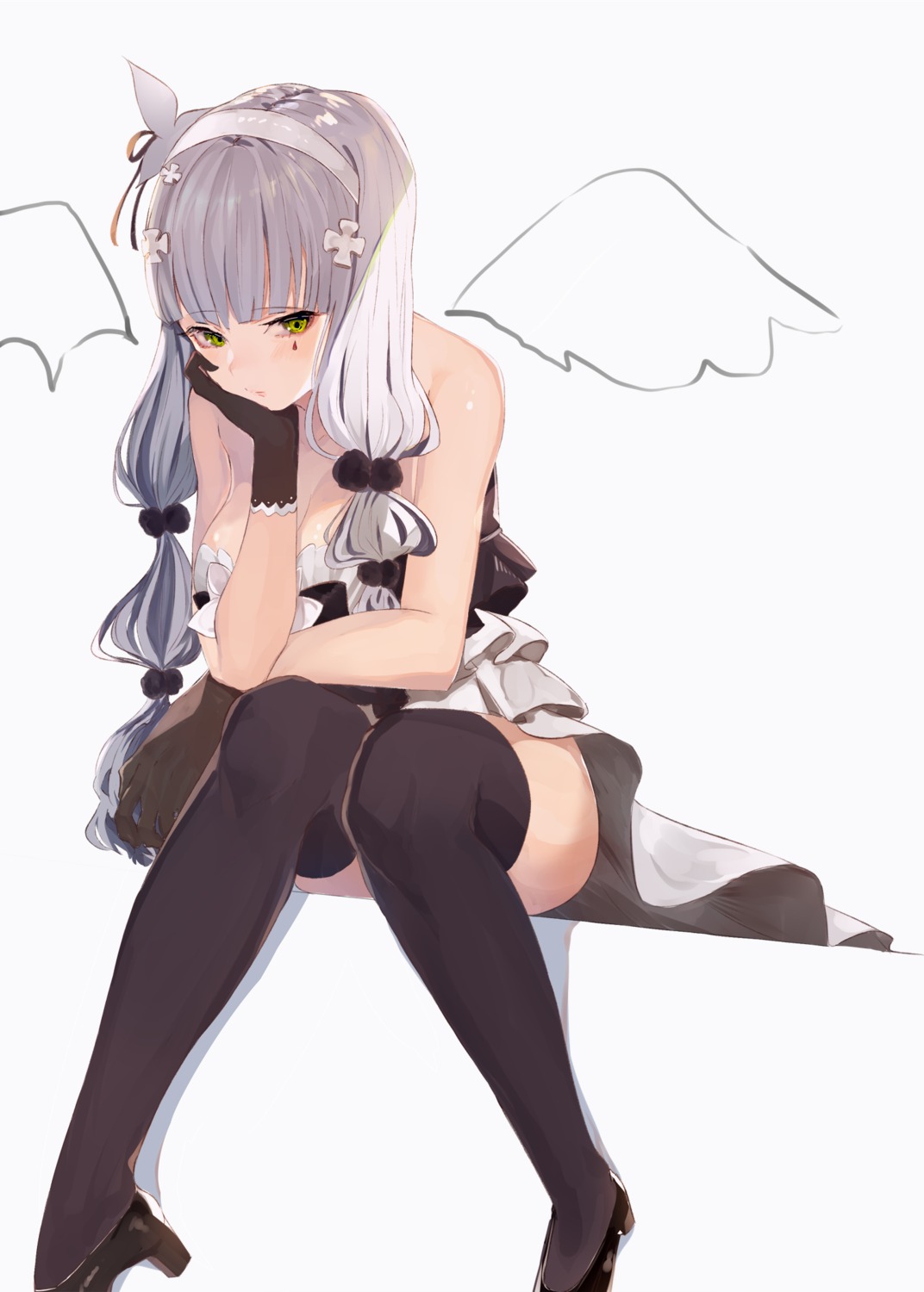 asyde, breast_hold, cleavage, dress, girls_frontline, heels, hk416_(girls_frontline), thighhighs, wings