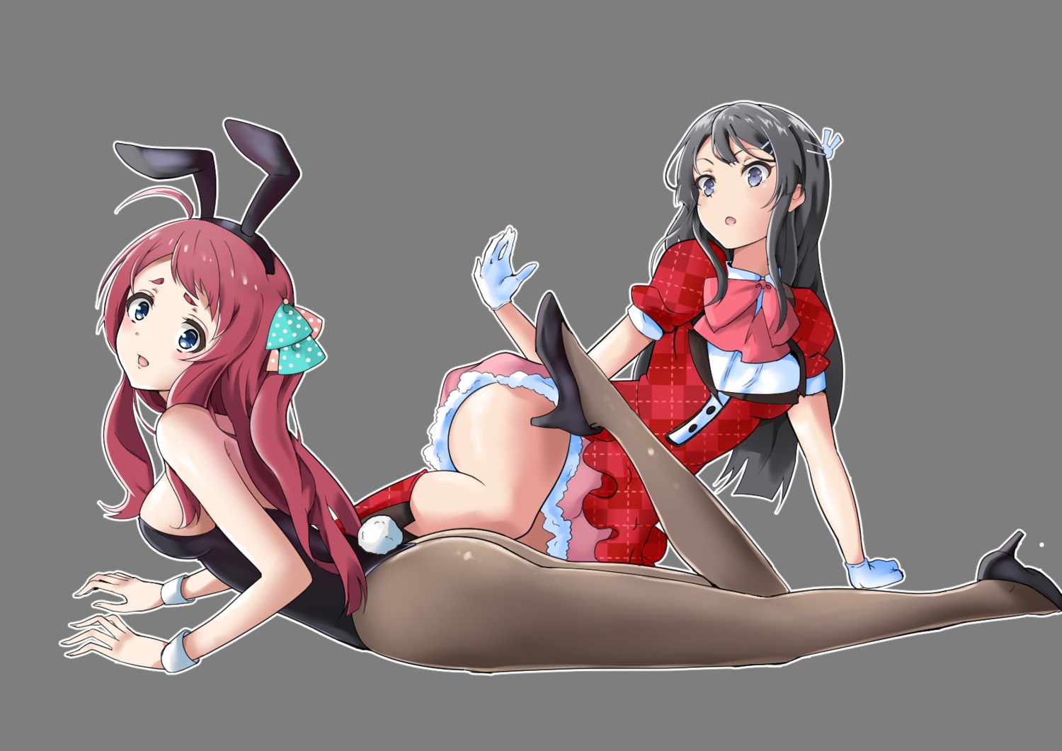 animal_ears, ass, bunny_ears, bunny_girl, cosplay, crossover, heels, minamoto_sakura, oryouohagi, pantyhose, sakurajima_mai, seishun_buta_yarou, tail, transparent_png, zombieland_saga