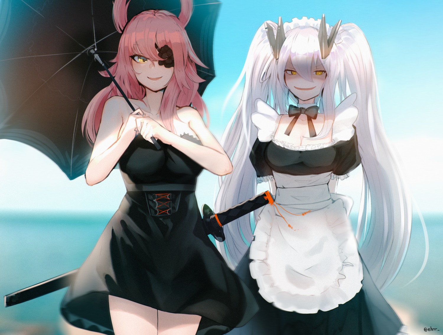 azur_lane, cleavage, dress, ehrrr, eyepatch, hiyou_(azur_lane), maid, sword, umbrella
