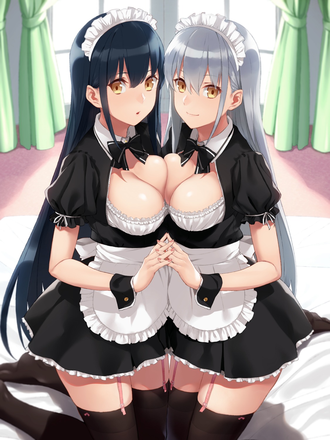 cleavage, maid, prime, stockings, symmetrical_docking, thighhighs, yuri