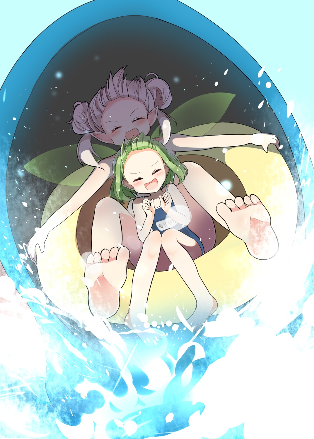 elu_(nijisanji), feet, morinaka_kazaki, nijisanji, patio, pointy_ears, school_swimsuit, swimsuits, wet, wings
