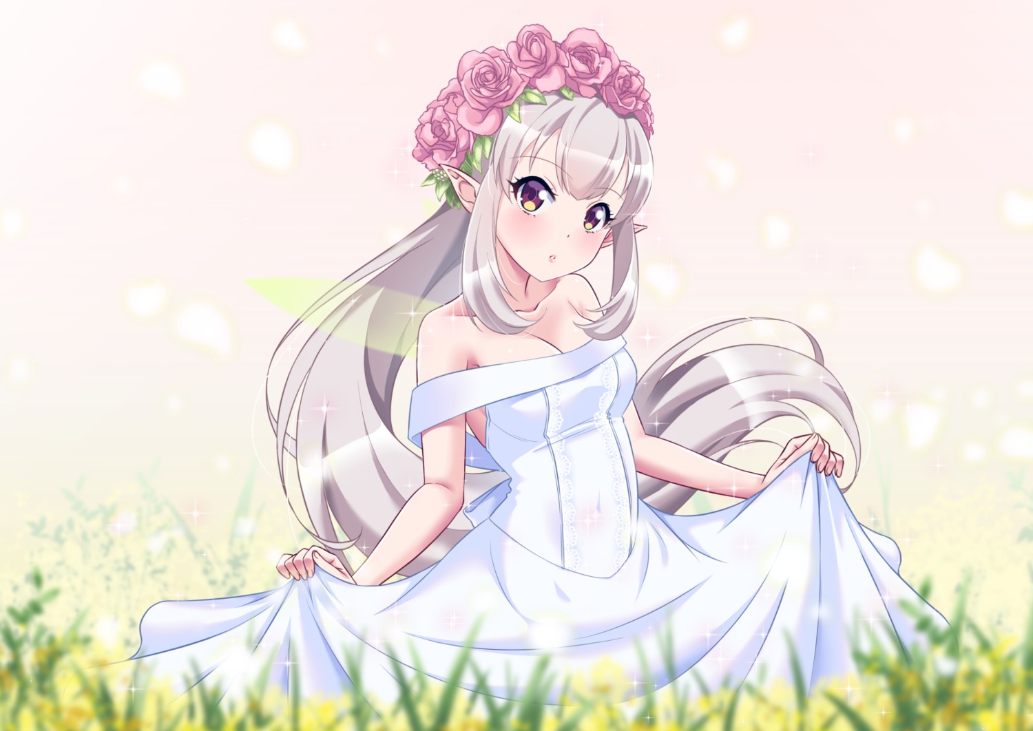 cleavage, dress, elu_(nijisanji), nijisanji, pointy_ears, shirihime, skirt_lift, wings
