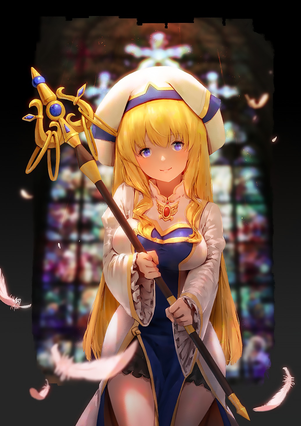 aduo, breast_hold, goblin_slayer, priestess, weapon