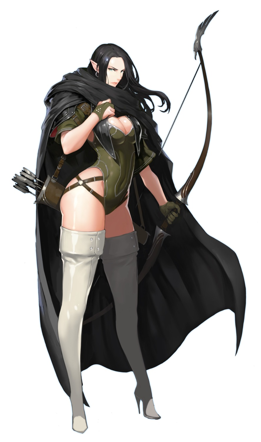 cleavage, elf, heels, hong_soon-jae, leotard, pointy_ears, thighhighs, weapon