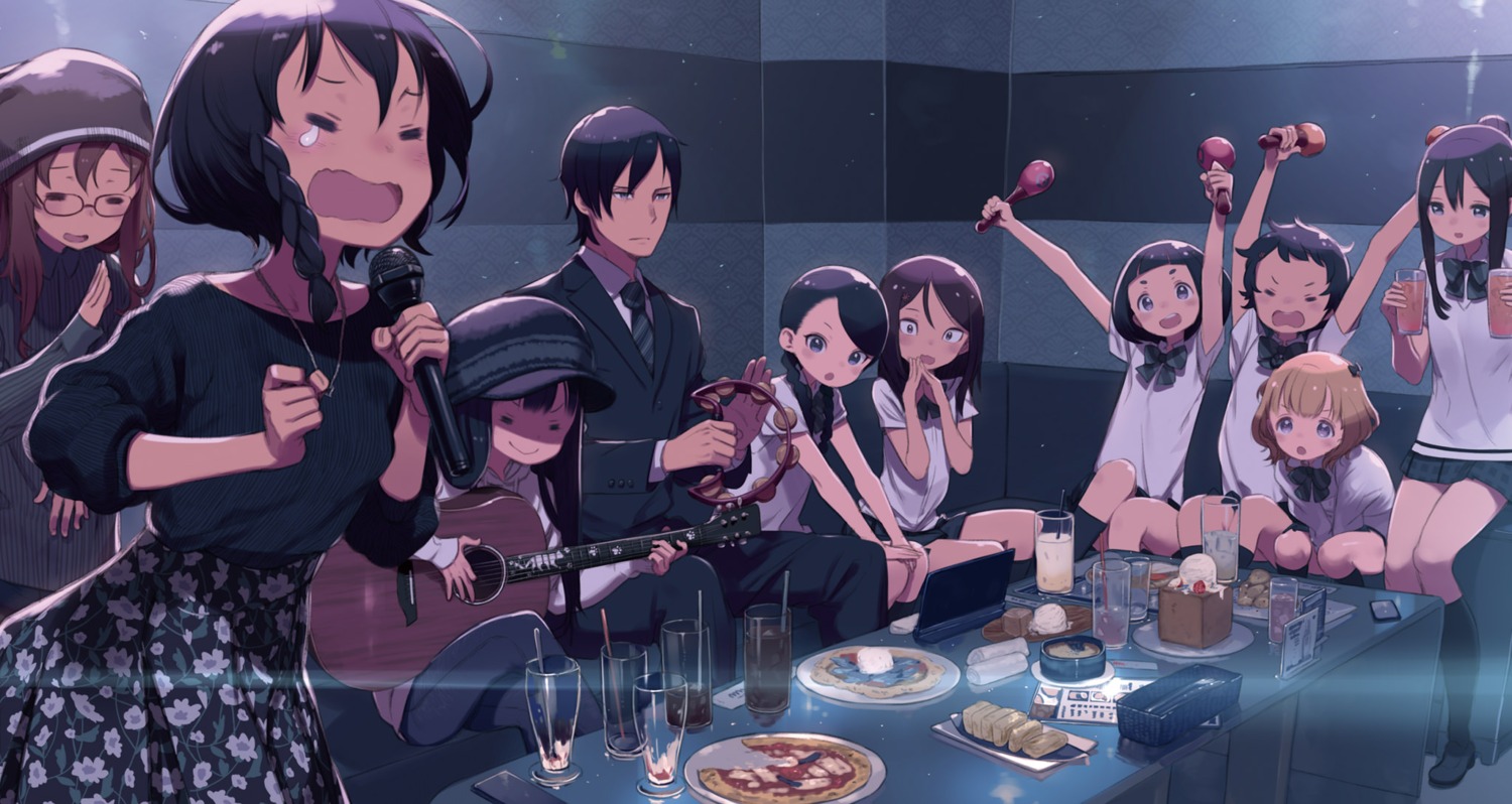 asougi_goushi, business_suit, guitar, kanzaki_elsa, kohiruimaki_karen, kuroboshi_kouhaku, megane, seifuku