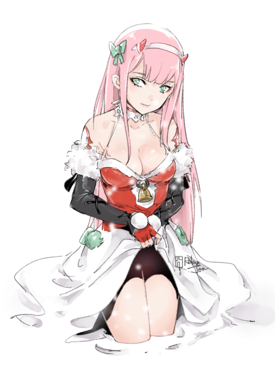 christmas, cleavage, darling_in_the_franxx, horns, relaxjon, sketch, skirt_lift, wet, zero_two_(darling_in_the_franxx)