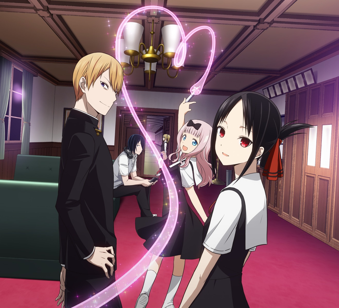 fujiwara_chika, hayasaka_ai, headphones, ishigami_yuu, kaguya-sama_wa_kokurasetai_~tensai-tachi_no_renai_zunousen~, seifuku, shinomiya_kaguya, shirogane_miyuki