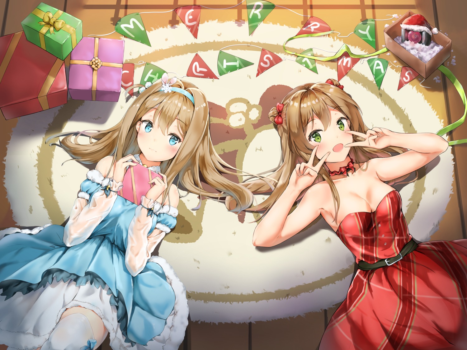 christmas, cleavage, dress, girls_frontline, qoray, rfb_(girls_frontline), see_through, suomi_kp31_(girls_frontline)