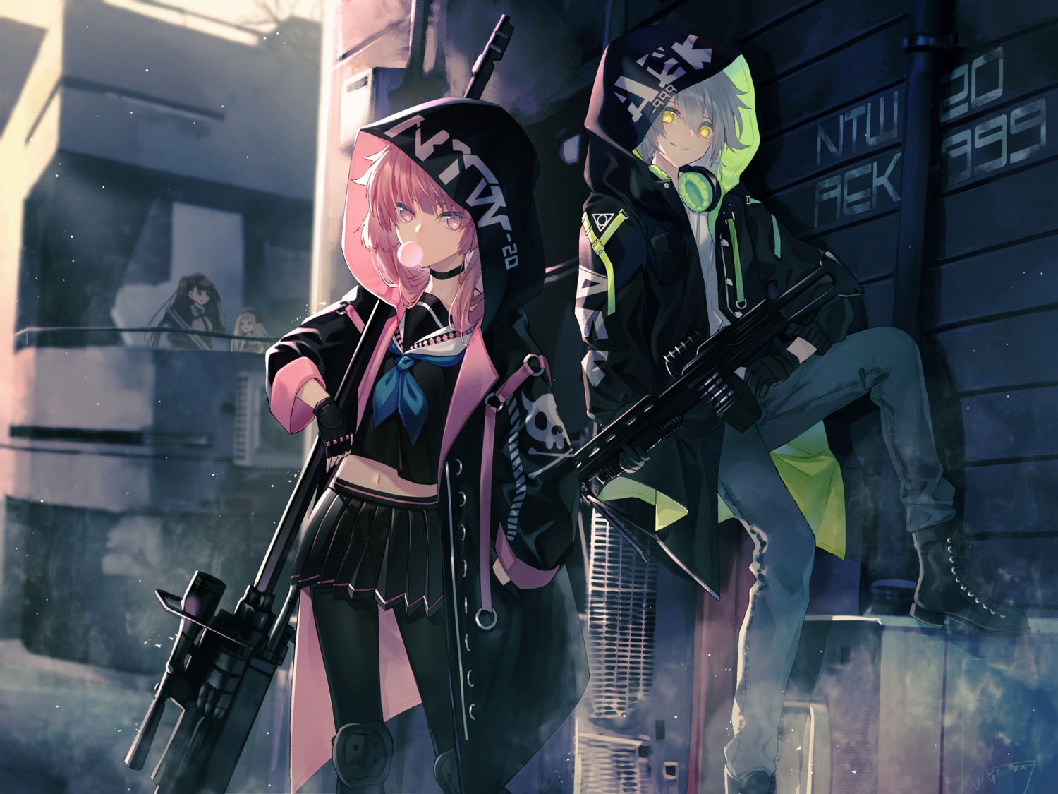 aek-999_(girls_frontline), girls_frontline, gun, headphones, mp5_(girls_frontline), natsu_tora, ntw-20_(girls_frontline), pantyhose
