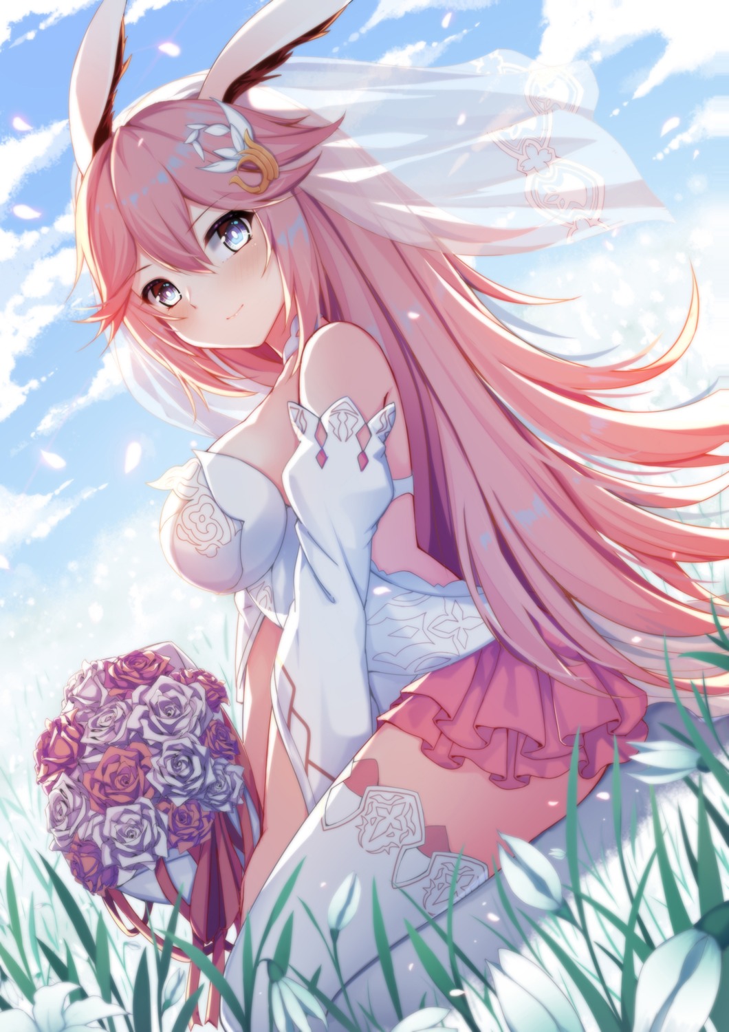 animal_ears, benghuai_xueyuan, bunny_ears, dress, honkai_impact, qunqing, thighhighs, wedding_dress, yae_sakura_(benghuai_xueyuan)