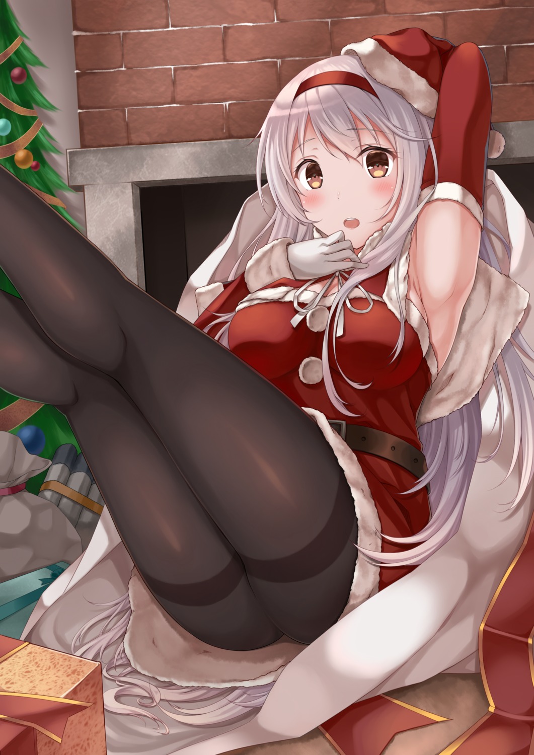 christmas, cleavage, dress, kantai_collection, pantyhose, shoukaku_(kancolle), zhou_yu_(van)