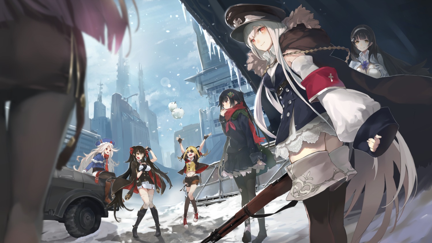 cruel_gz, eyepatch, girls_frontline, gun, kar98k_(girls_frontline), makarov_(girls_frontline), pantyhose, qbz-95_(girls_frontline)