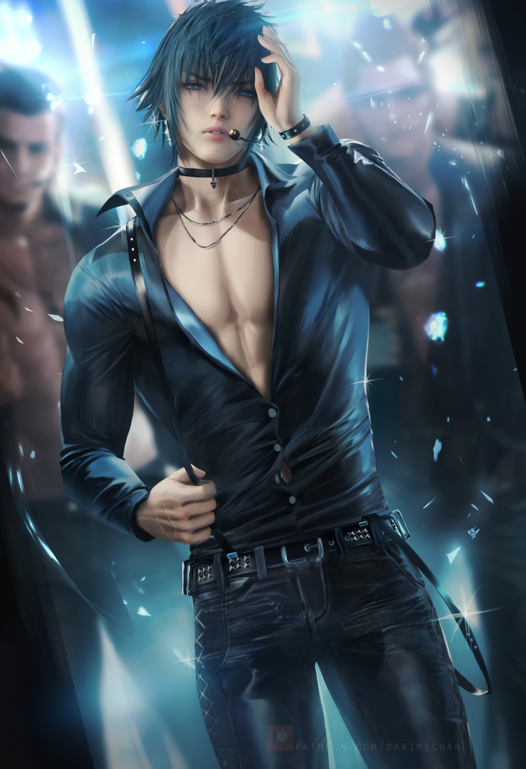 final_fantasy_xv, gladiolus_amicitia, ignis_scientia, male, noctis_lucis_caelum, official_watermark, sakimichan