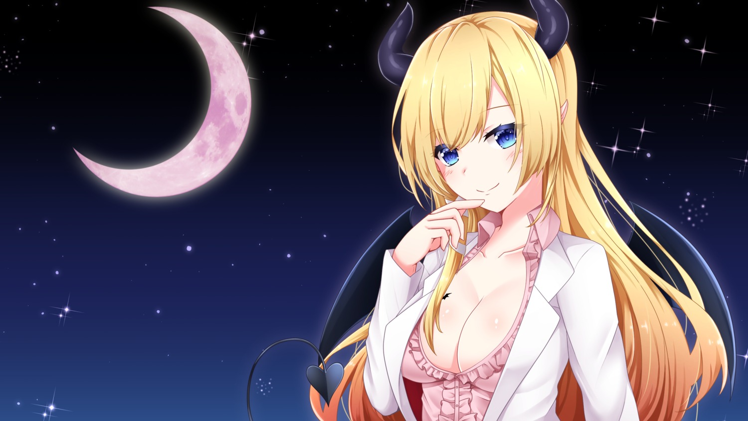 cleavage, hololive, horns, no_bra, open_shirt, pointy_ears, rin_(pixiv7777459), tail, wallpaper, wings, yuzuki_choco