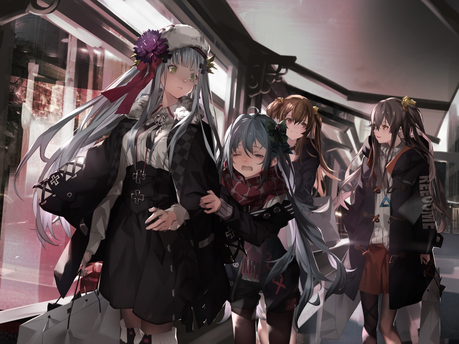 dress, g11_(girls_frontline), girls_frontline, hk416_(girls_frontline), jpeg_artifacts, miya-ki_(miya_key), pantyhose, ump45_(girls_frontline)