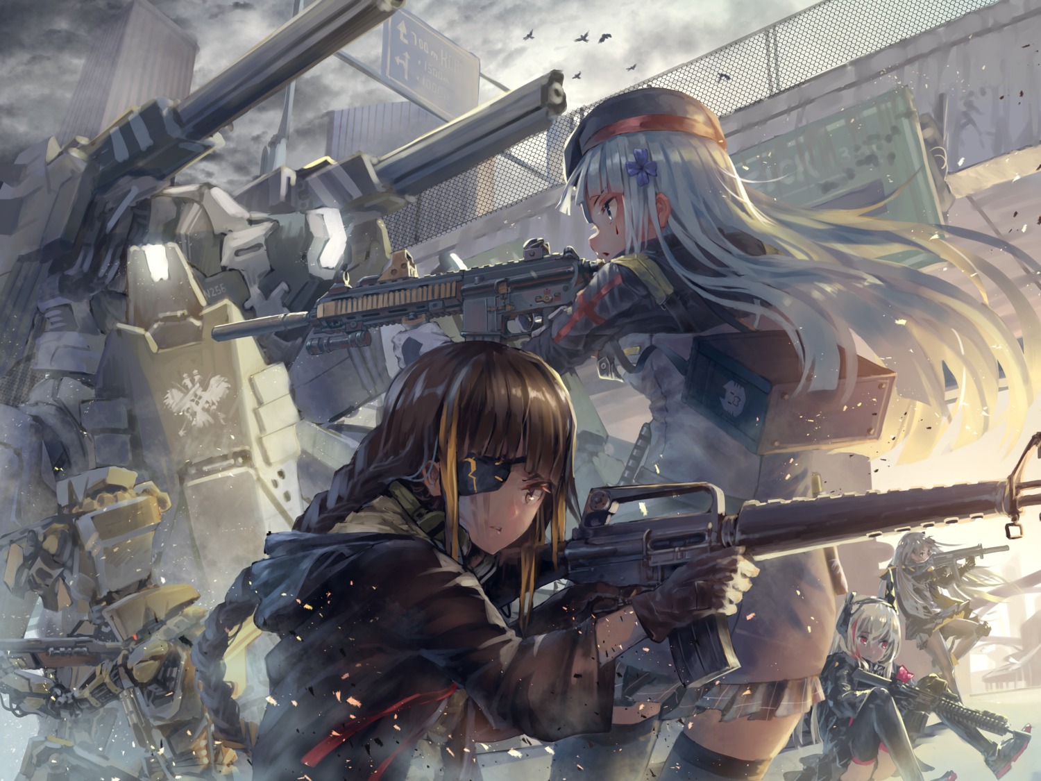 aamond, eyepatch, girls_frontline, gun, hk416_(girls_frontline), m16a1_(girls_frontline), m4_sopmod_ii_(girls_frontline), pantsu, pantyhose, thighhighs, ump45_(girls_frontline)