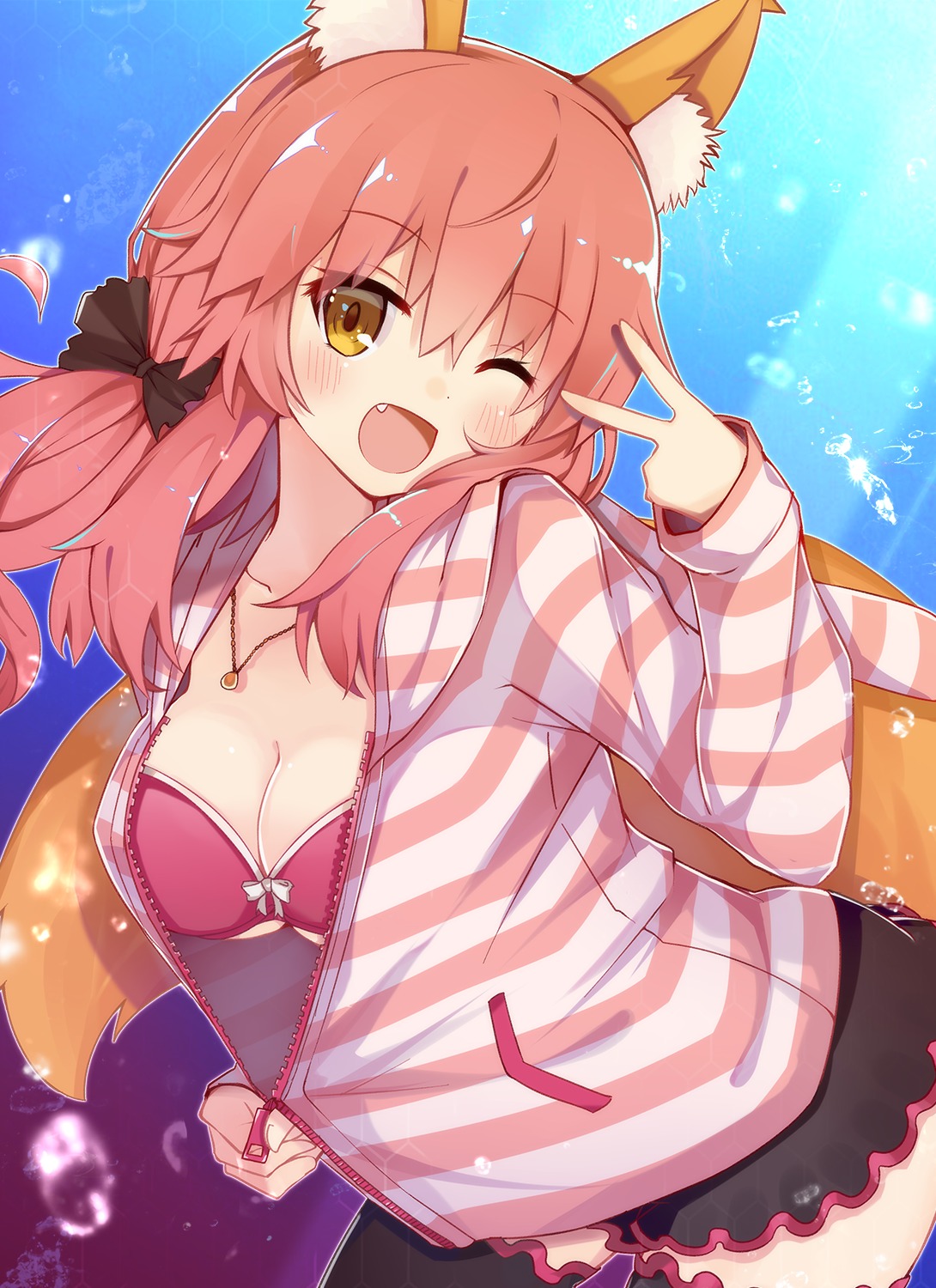 animal_ears, bra, cleavage, fate/extra, fate/grand_order, fate/stay_night, koga_rejini, open_shirt