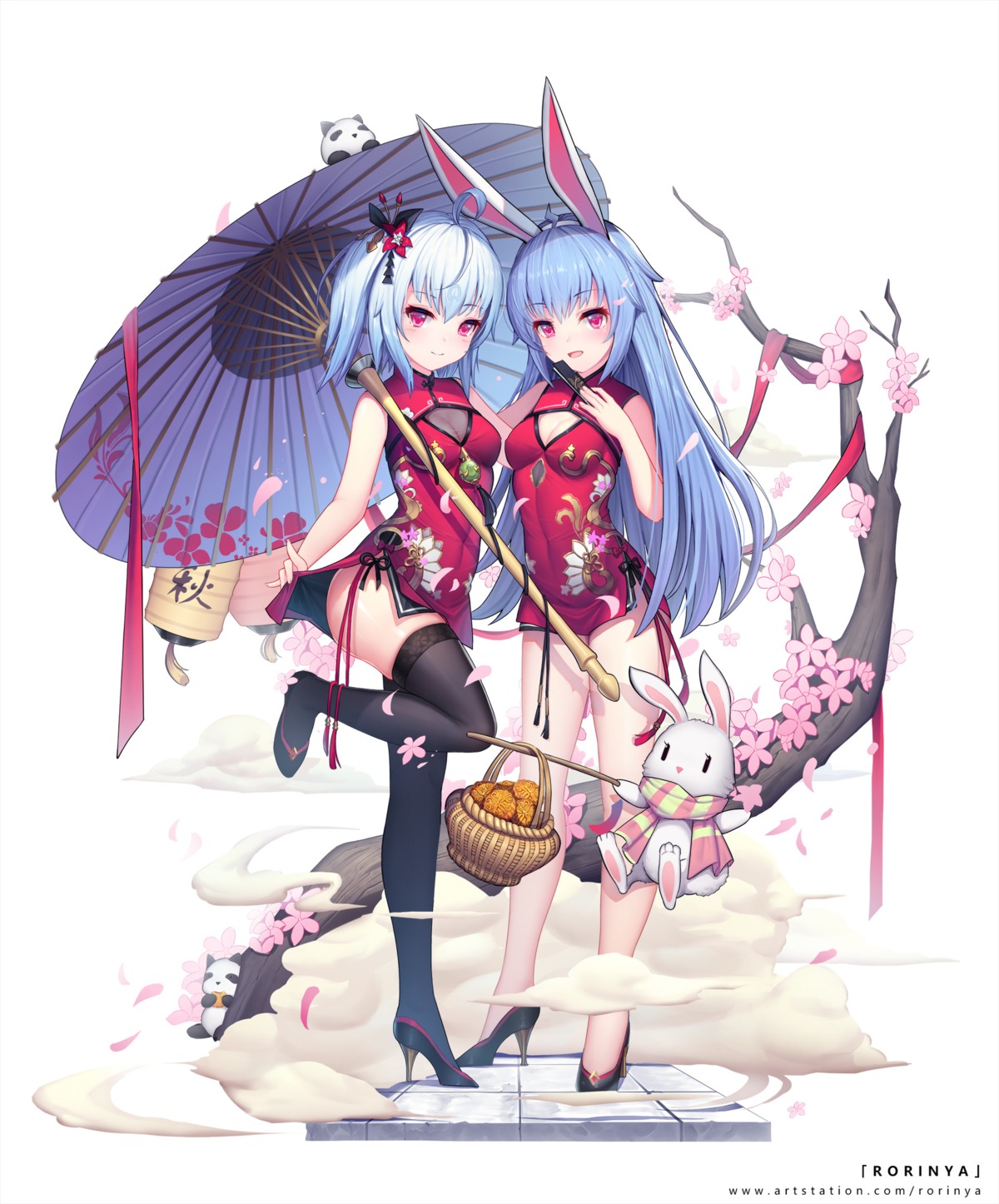 animal_ears, bili_bili_douga, bili_girl_22, bili_girl_33, bunny_ears, chinadress, cleavage, heels, rorinya, see_through, skirt_lift, thighhighs, umbrella