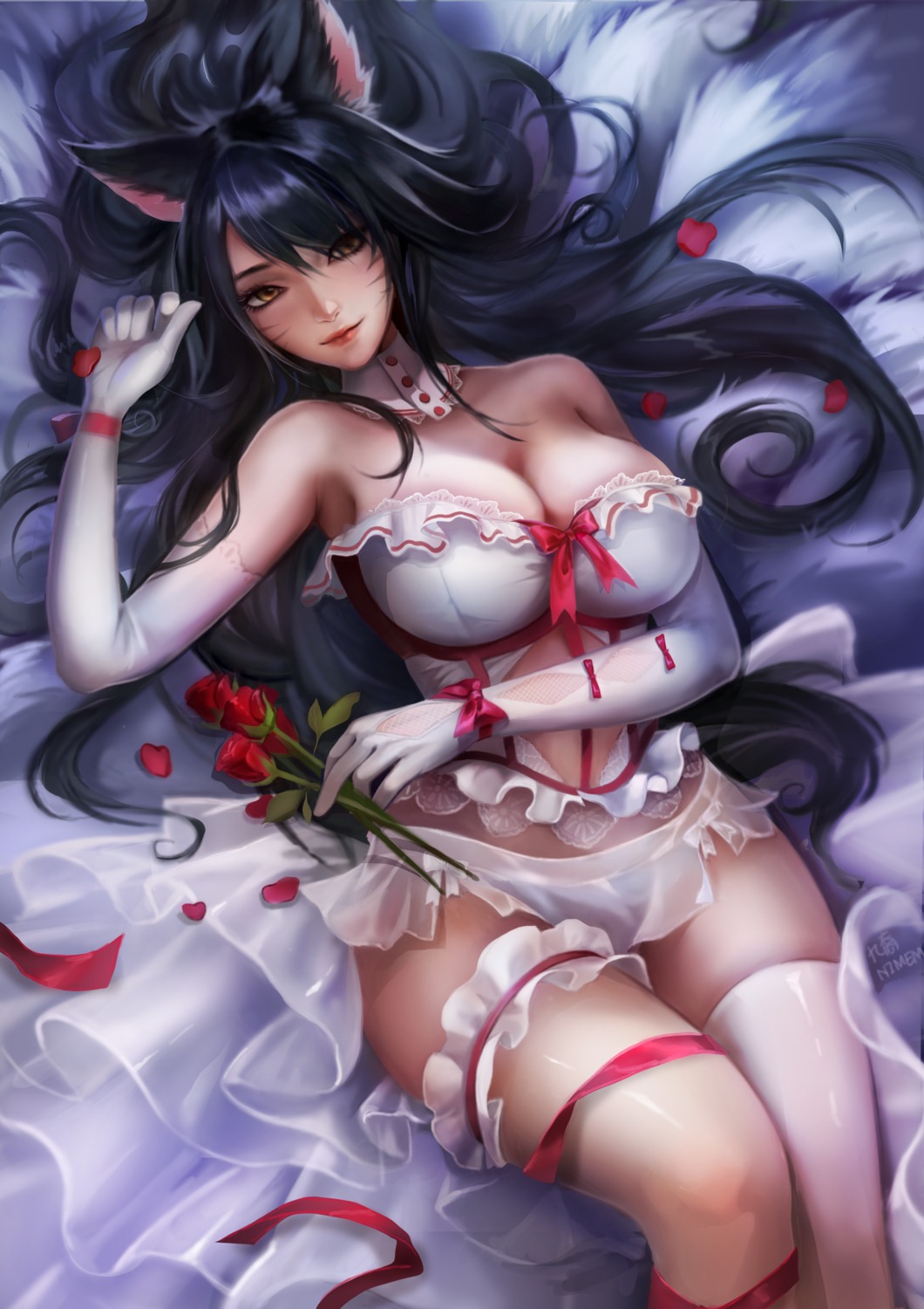 ahri, cleavage, garter, kitsune, league_of_legends, lingerie, ninem, pantsu, see_through, tail, thighhighs