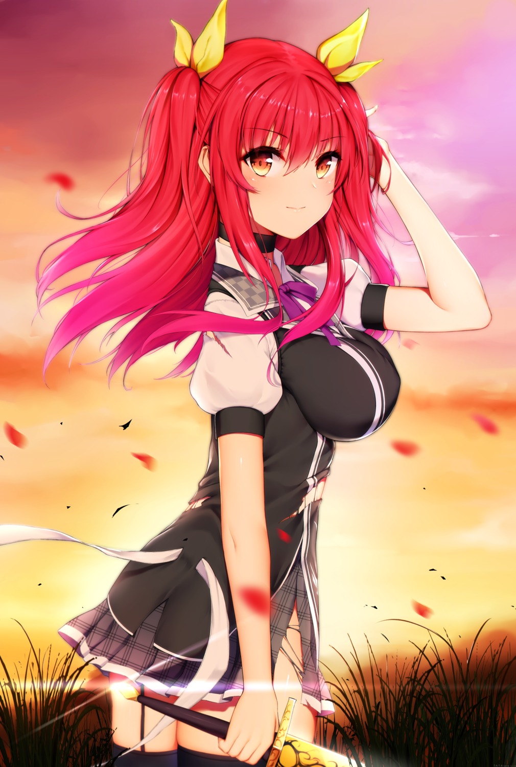 rakudai_kishi_no_cavalry, seifuku, stella_vermillion, stockings, sword, taitai, thighhighs, torn_clothes