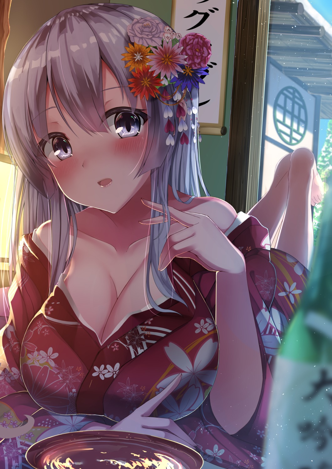 azur_lane, cleavage, hiiragi_ringo, kimono, open_shirt, rodney_(azur_lane)