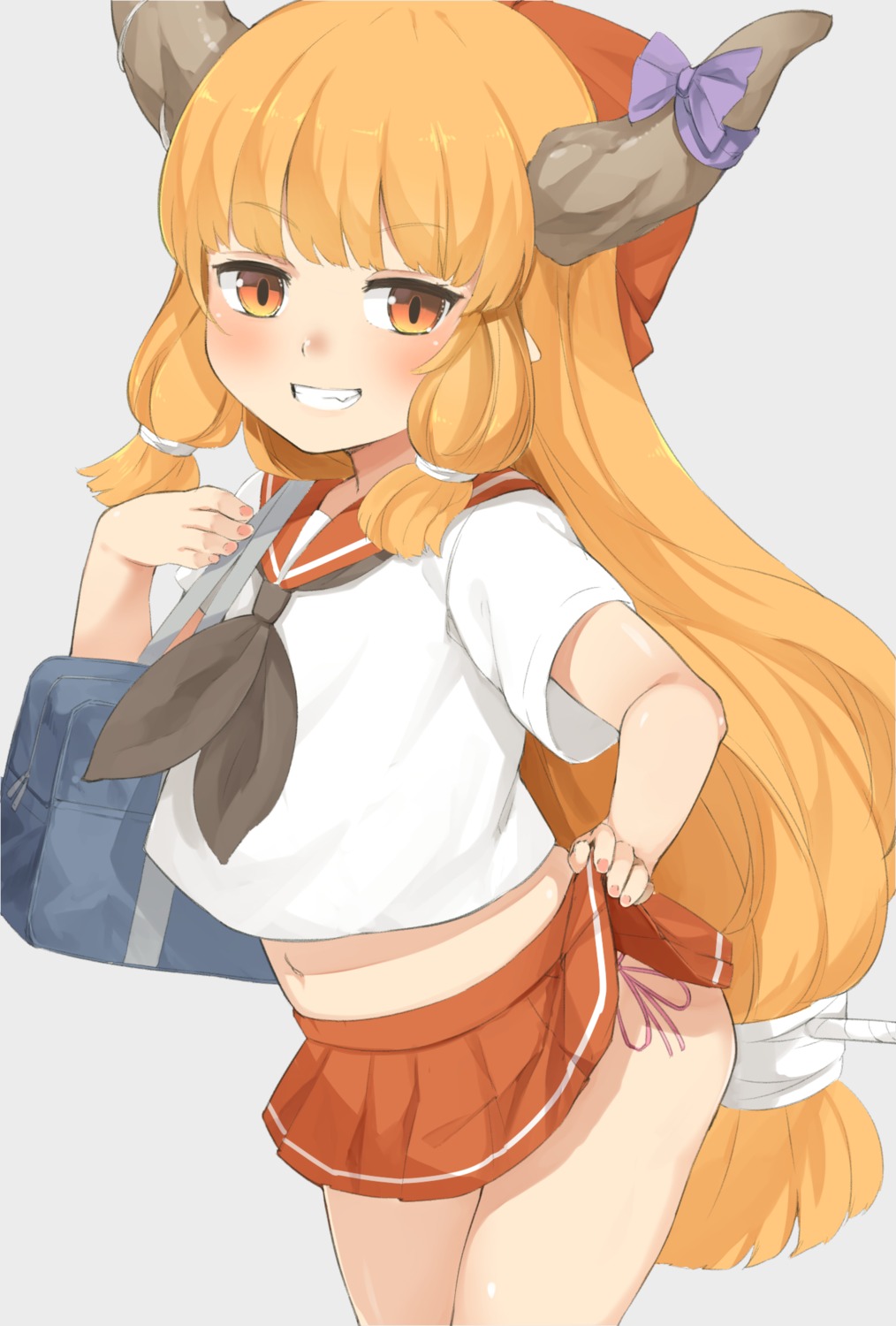 horns, ibuki_suika, nishiuri, pantsu, pointy_ears, seifuku, skirt_lift, string_panties