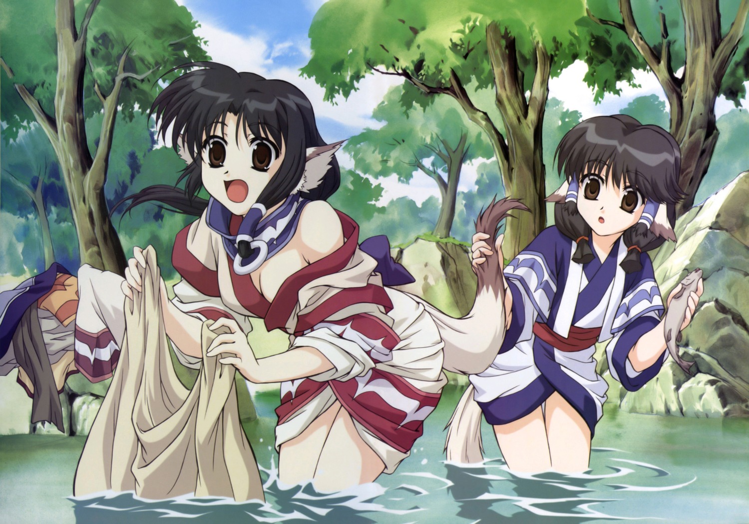 animal_ears, aruruu, cleavage, eruruu, kimono, nakata_masahiko, tail, utawarerumono