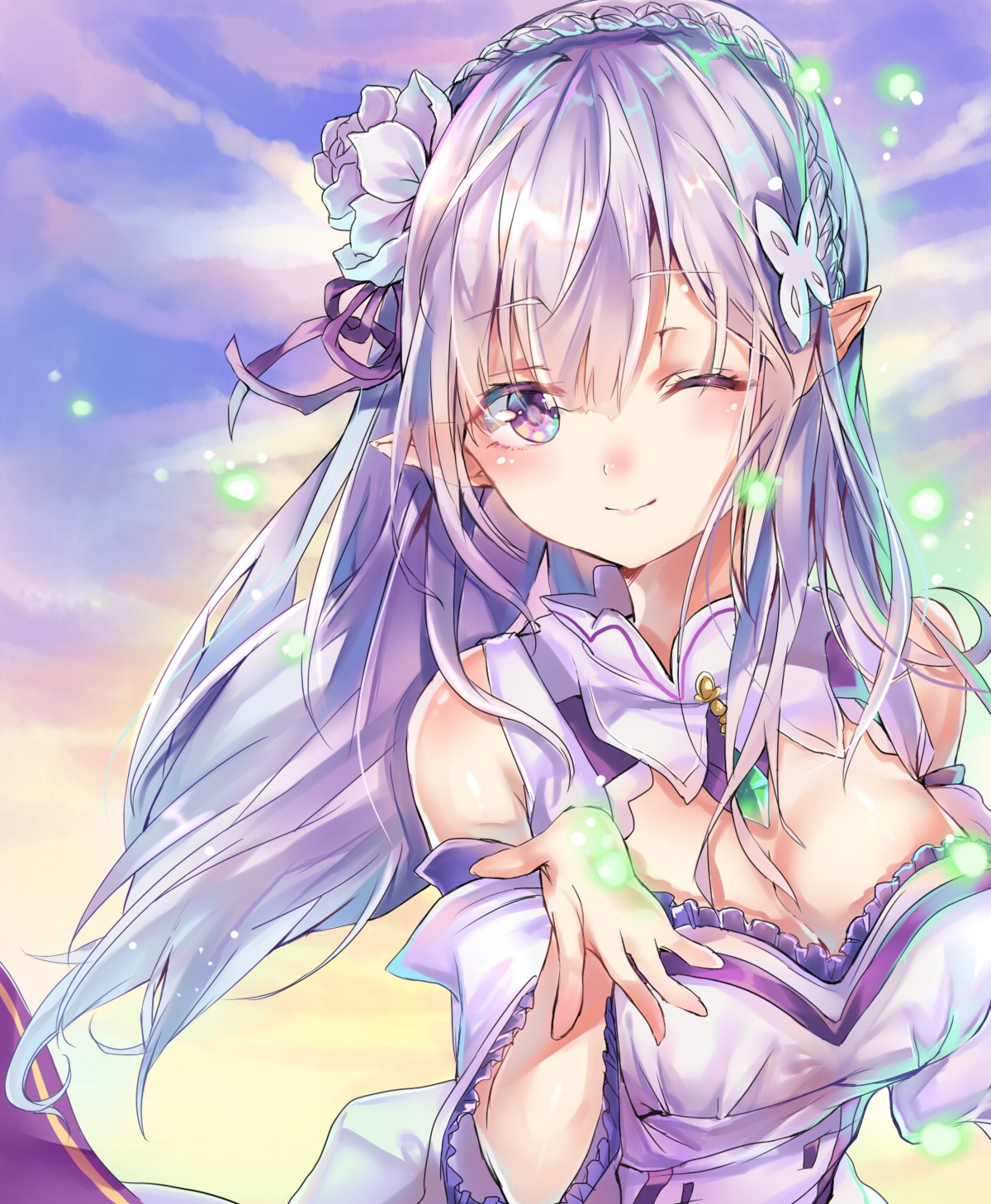 cleavage, elf, emilia_(re_zero), pointy_ears, re:zero_kara_hajimeru_isekai_seikatsu, takitou