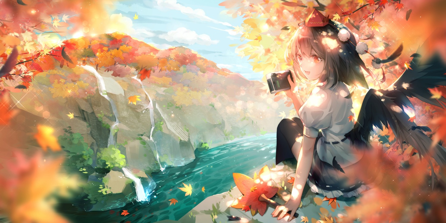 landscape, rokusai, shameimaru_aya, thighhighs, touhou, wings