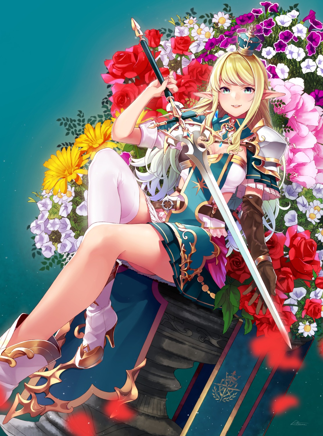 armor, cleavage, heels, pointy_ears, retsuna, sword, thighhighs