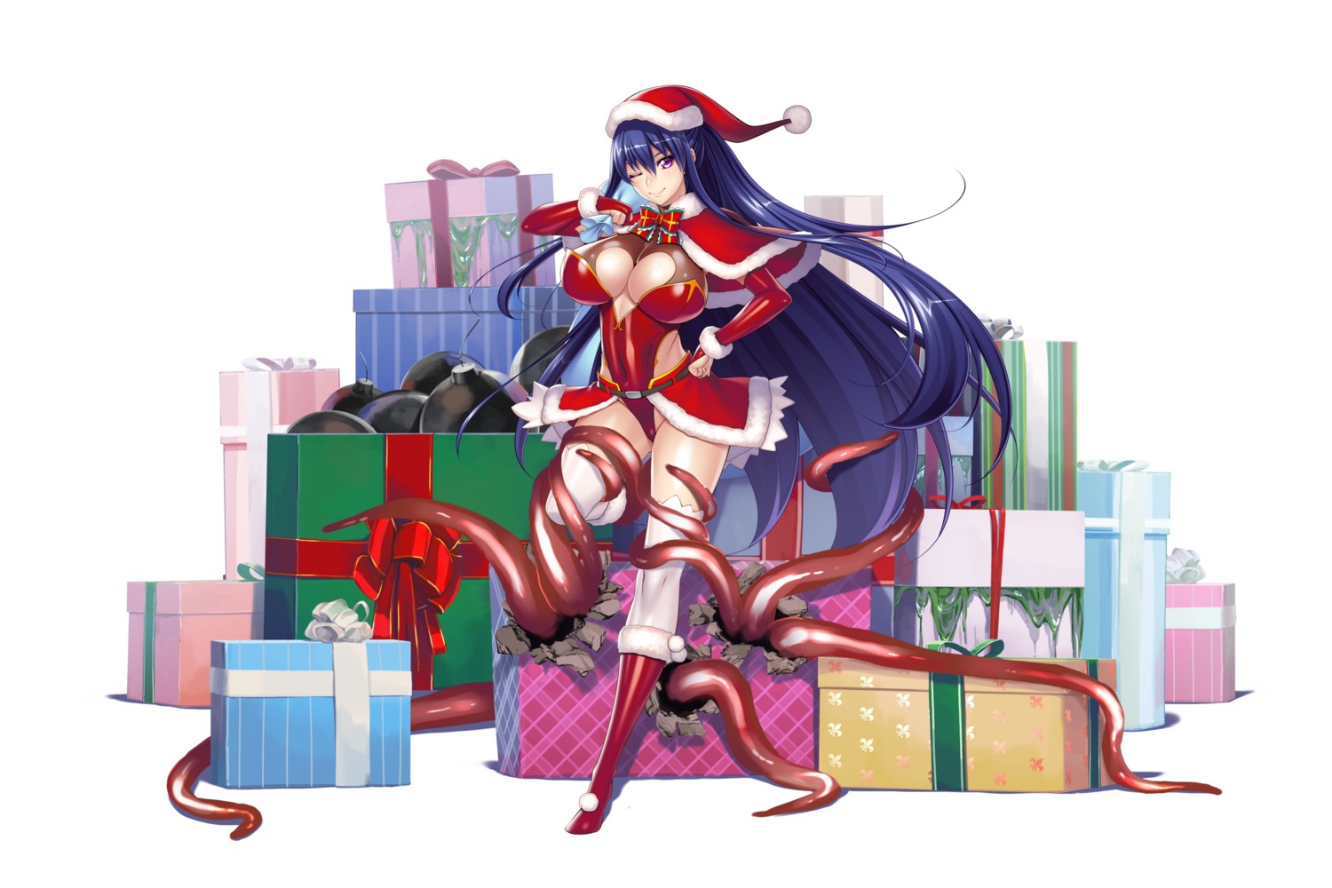 akiyama_rinko, aoi_nagisa_(artist), christmas, cleavage, leotard, no_bra, taimanin, taimanin_yukikaze, tentacles, thighhighs