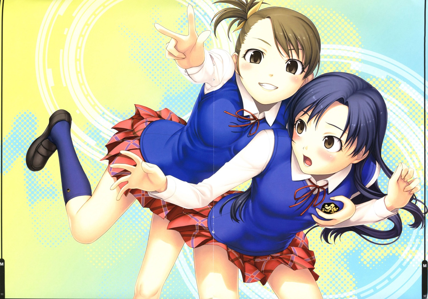 breast_grab, crease, fomalhaut, futami_ami, kisaragi_chihaya, seifuku, sweater, tanaka_shoutarou, the_idolm@ster, yuri